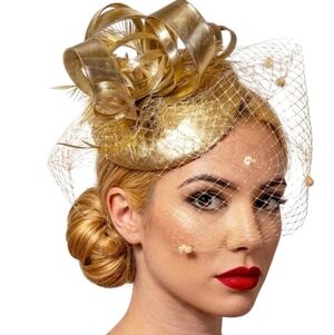 Gold Gorgeous 3PC Veiled Fascinator Kentucky Derby Preakness Church Wedding Tea